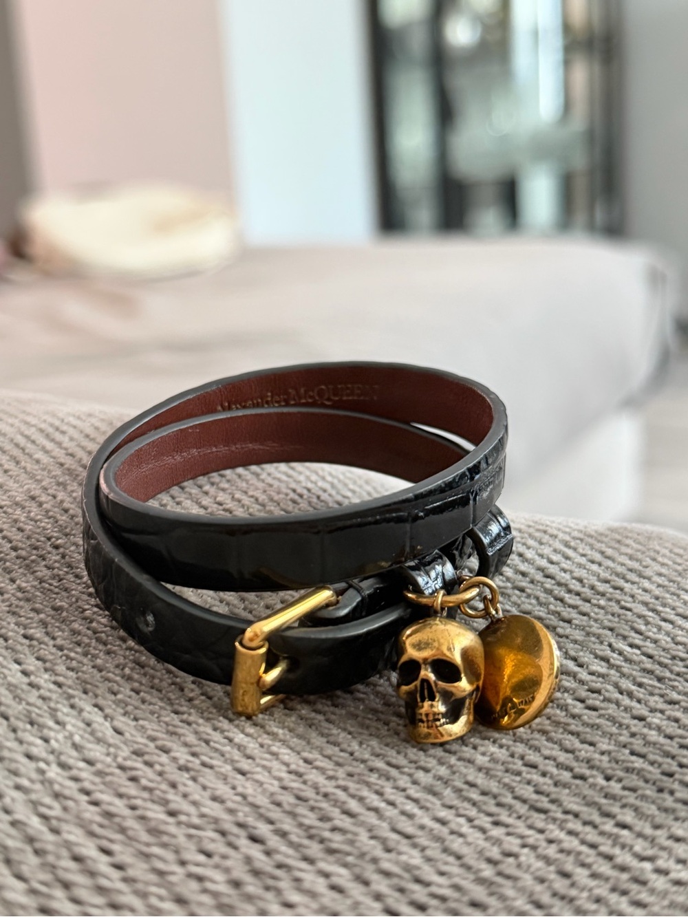 Alexander McQueen Black Leather Double Wrap Bracelet with Gold Skull Charms